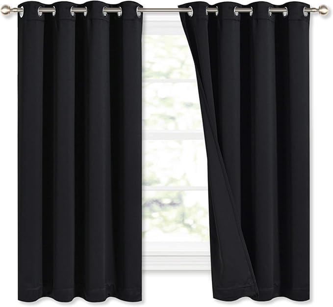 NICETOWN Black 100% Blackout Curtains for Kids Room 52" w x 63" L 2 Panels | Complete Blackout with Black Liner Thermal Insulated Energy Efficiency Drapes, Noise Reducing Short Window Treatments Decor