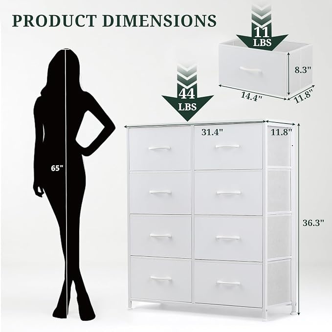 8-Drawer Dresser for Bedroom, Anti-Tip Tall Storage Organizer | Chest of Drawers with Wooden Top and Metal Frame Fabric Bins for Closet, Living Room, Hallway, Entryway, White