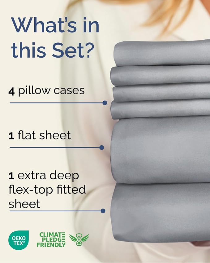 Extra Deep Flex Top Split Head King Sheet Set - 6 Piece Breathable and Cooling Sheets - Hotel Luxury Bedding for Women, Men, Kids & Teens - Easy Secure Fit - Extra Deep Pockets - Steel Blue