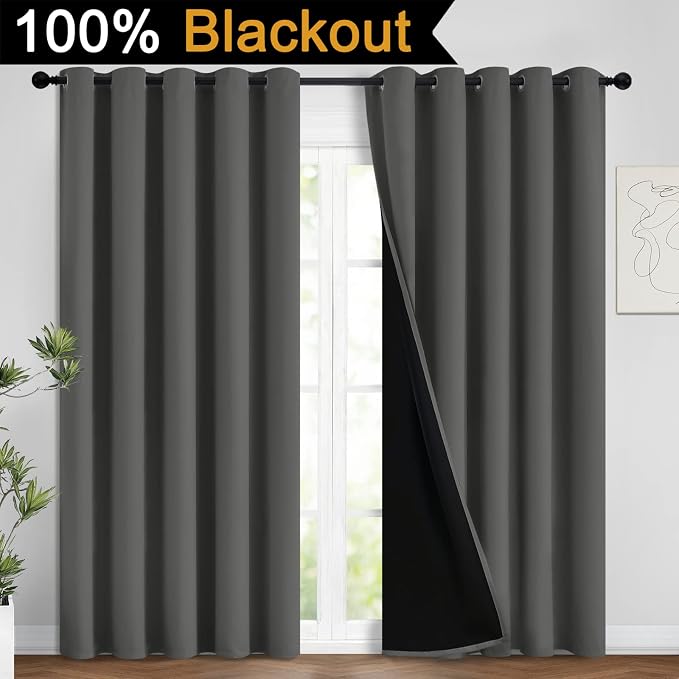 Yakamok Dark Grey 100% Blackout Curtains 96 Inches Long 62" Wide 2 Panels | Blackout Curtain Panels for Bedroom, 2 Thick Layers Grommet Top Thermal Insulated Drapes with Black Liner for Living Room