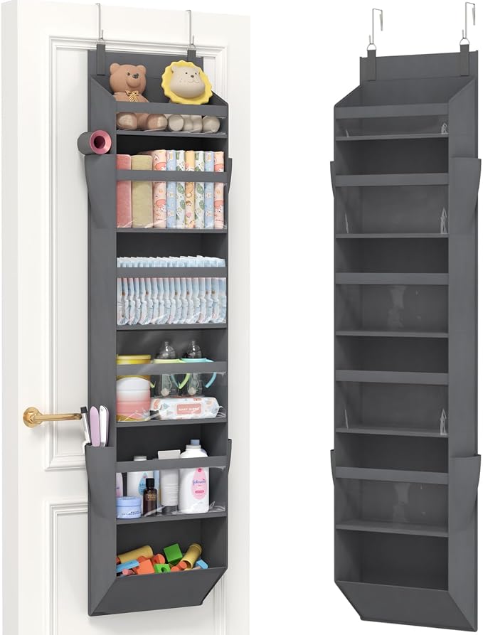 Lifewit 1 Pack Over the Door Organizer, 6 Section Clear Window Hanging Storage with 4 Side Pockets, Sturdy Anti Tilt 40 lbs Load Behind Door for Closet, Bedroom, Bathroom, Nursery, Dorm, Dark Gray