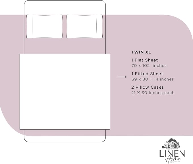 Linen Home 100% Cotton Percale Sheets Twin XL Size, Mauve Lavender, Deep Pocket, 3 Pieces Set - 1 Flat, 1 Deep Pocket Fitted Sheet and 1 Pillowcase, Crisp Cool and Strong Bed Linen