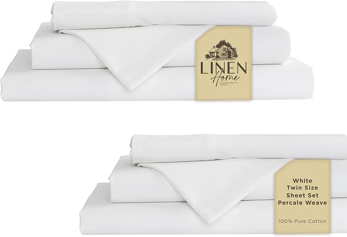 Linen Home 100% Cotton Percale Sheets Twin Size Pack of 2, White, Deep Pocket, 6 Pieces Set- 2 Flat, 2 Fitted and 2 Pillowcases, Crisp Cool and Long Staple Strong Bed Linen
