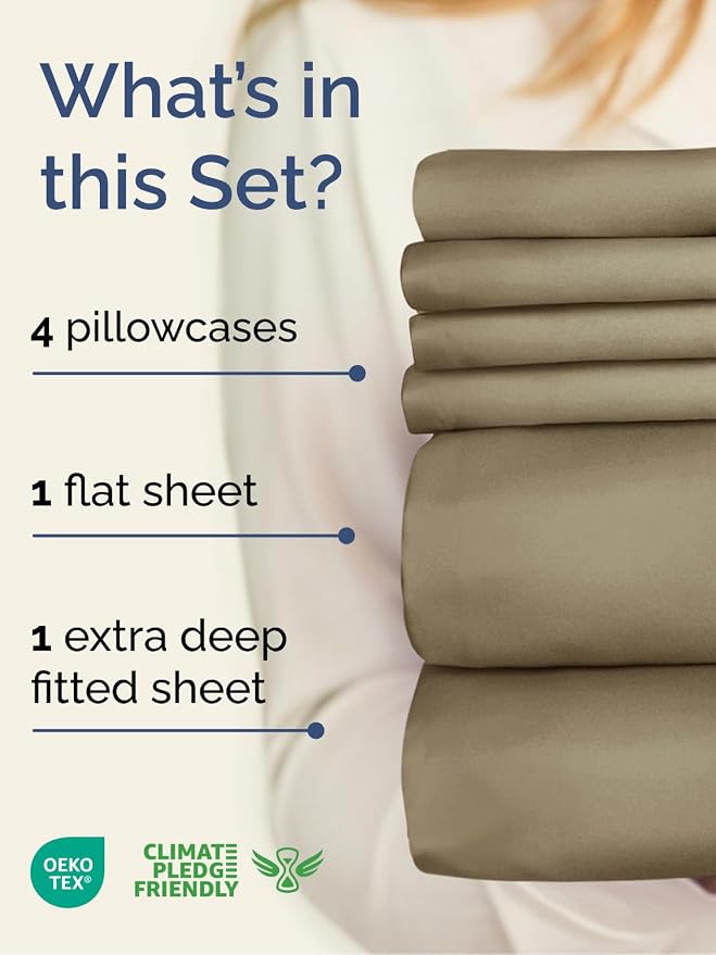 Extra Deep Queen Sheet Set - 6 Piece Breathable and Cooling Sheets - Khaki | Hotel Luxury Bed Sheets Set, Easy & Secure Fit, Ultra-Soft, Wrinkle & Fade Free, Comfy Sheets Set with Extra Deep Pockets