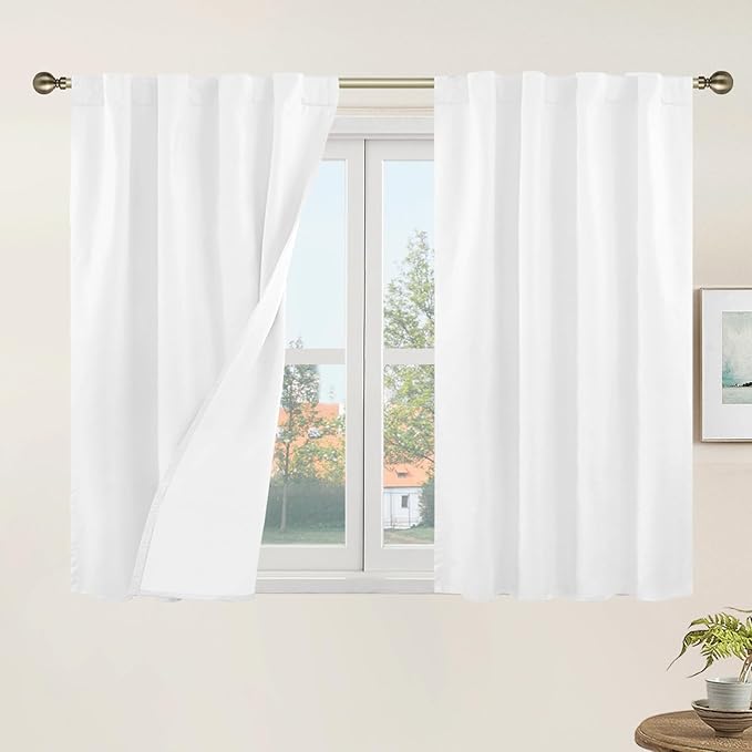 40 Inch Length Short White Linen Curtains for Cafe 2 Panels | 100% Blackout Curtains, Thermal Insulated, Panels for Kitchen, Bathroom, Rod Pocket Back Tab, with White Liner, 34 x 40 Inch