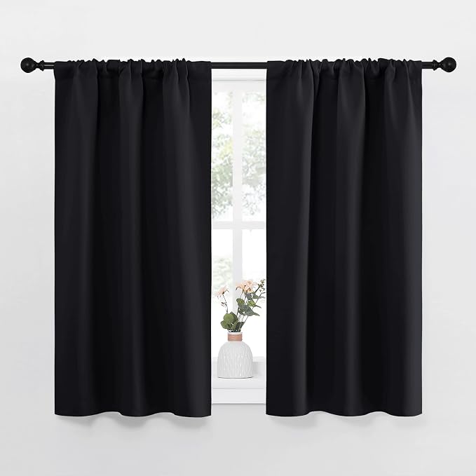 NICETOWN Black Blackout Curtains for Kitchen 34" Wide x 45" Long 2 Panels | Energy Smart Decoration Thermal Insulating Drapes Draperies for Bedroom Small Window, Light Blocking Room Darkening Decor