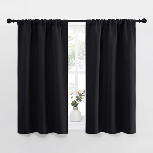 NICETOWN Black Blackout Curtains for Kitchen 34" Wide x 45" Long 2 Panels | Energy Smart Decoration Thermal Insulating Drapes Draperies for Bedroom Small Window, Light Blocking Room Darkening Decor