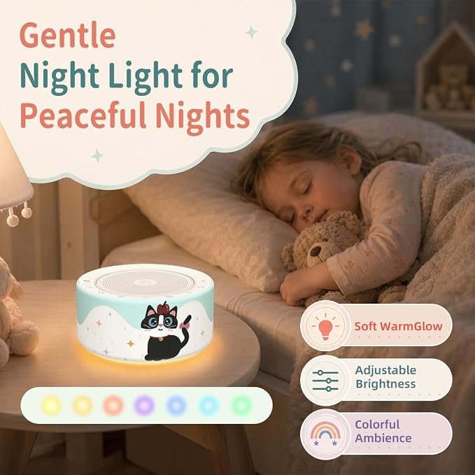 Kipcush White Noise Machine for Baby & Adults, Sleep Sound Machine with 30 Soothing Sounds, 8-Color Night Light, Memory Function, White Noise for Sleeping, Nursery, Office, Travel, Relaxation