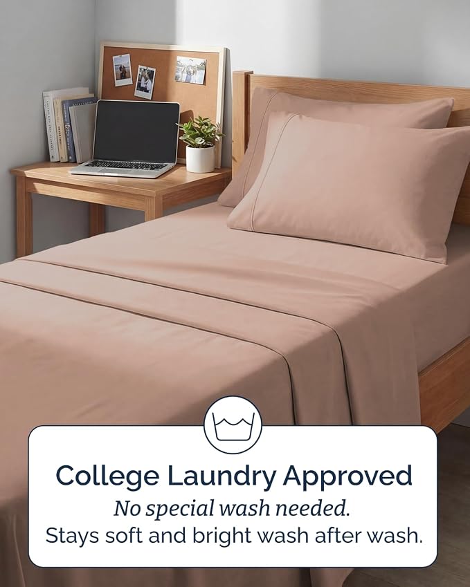Extra Deep Twin XL Sheet Set - 4 Piece College Dorm Room - Mauve | College Dorm Room Essentials, Easy & Secure Fit, Ultra-Soft, Wrinkle & Fade Free, Comfy Sheets Set with Extra Deep Pockets