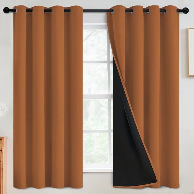 SimpleHome Orange 100% Blackout Curtains Room Darkening Living Room 63 Inch | Curtains for Bedroom,Thermal Insulated Grommet Window Drapes,Curtains for Living Room with Black Back,52 x 63 Inch,2 Panels