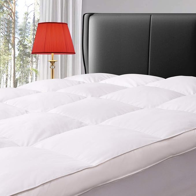 ELEMUSE Cal King Goose Down Feather Mattress Topper, Feathered Pillow Top | Fusion goose down and feather fill adds plush comfort. Deep pocket fits Cal King mattresses for tall sleepers and bedrooms