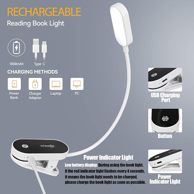 VAVOFO Rechargeable Book Light, 14 LEDs Eye Care Clip On Amber Reading Light for Bookworms Reading in Bed with 9 Colors 9 Brightness (White-Black)