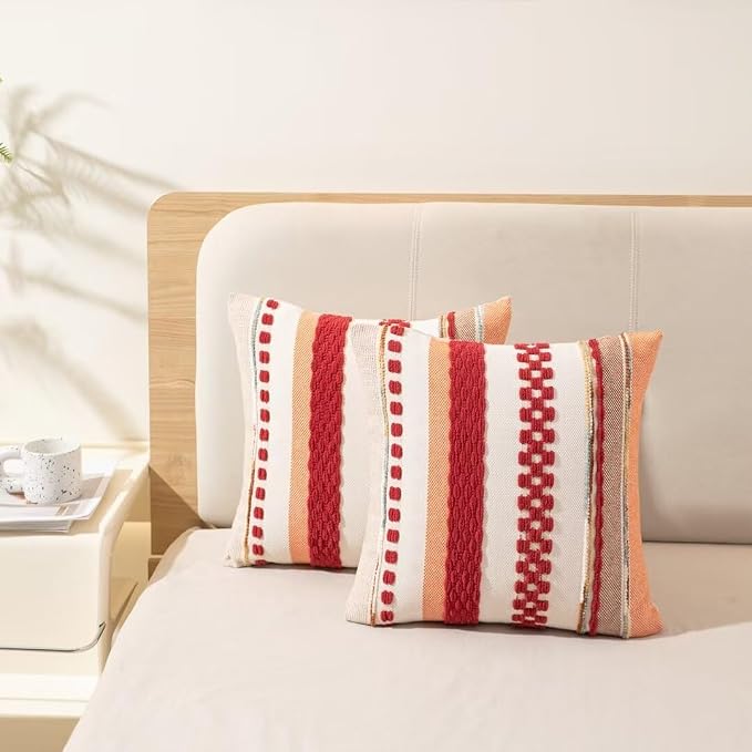 Boho Throw Pillow Covers Decorative Neutral Farmhouse Pillow case | 18x18 Set of 2 Cushion Case Striped Square Pillows Cover Couch Pillow Cases Accent Pillowcase for Sofa Bed,Red