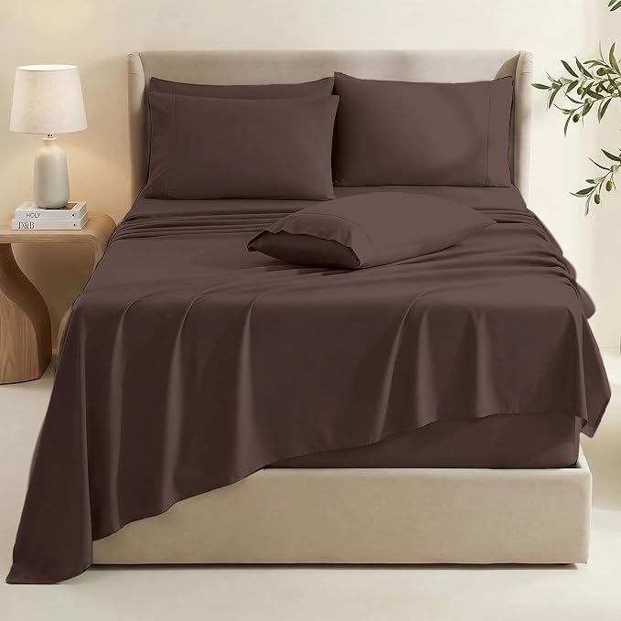Hearth & Harbor Extra Deep Pocket Queen Sheets Sets - Fits Mattress 18-24 Inches Deep - Extra Deep Pocket Sheets - 6 Piece Queen Size - Brown