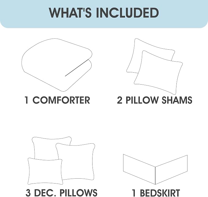 White King Comforter Set, 7 Pieces Bed in a Bag, Elegant Floral Leaves Embroidery, Soft and Lightweight All Seasons Bedding Set, Bedskirt, Pillow Shams, Decor Pillows