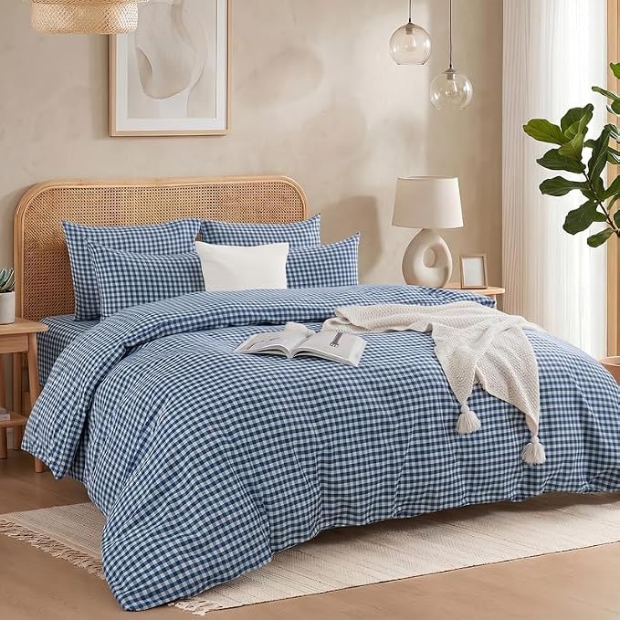 NEXHOME PRO Blue Gingham Duvet Cover Queen, 100% Washed Cotton Like Linen Feel Organic Natural Bedding Set 3 Piece Navy Vintage Plaid Checkered Comforter Cover Set (No Comforter) 9090
