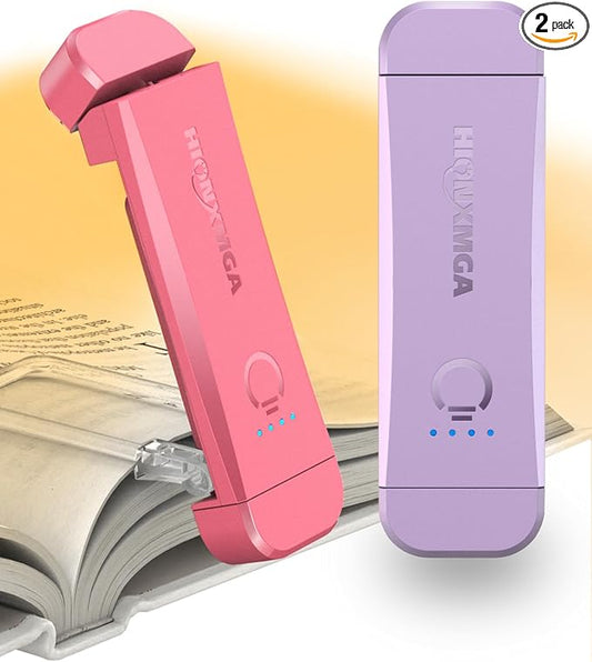 HIONXMGA 2-Pack,Rechargeable Book Lights for Reading in Bed,Pink+Purple | 3 Amber Colors,Stepless Dimming,Eye-Caring Mode,Up to 100H Runtime,USB Charging,Women Book Lovers,Christmas,Book Accessories
