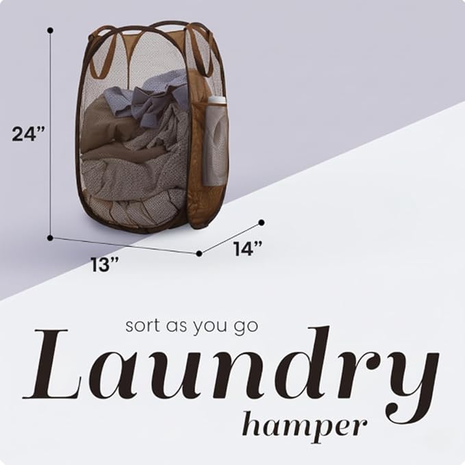 Handy Laundry Collapsible Mesh Pop Up Laundry Hamper with Side Pocket | Collapsible Mesh Pop Up Hamper, Wide Opening, Side Pocket, Breathable, Sturdy, Foldable, Space-Saving for Clothes Storage