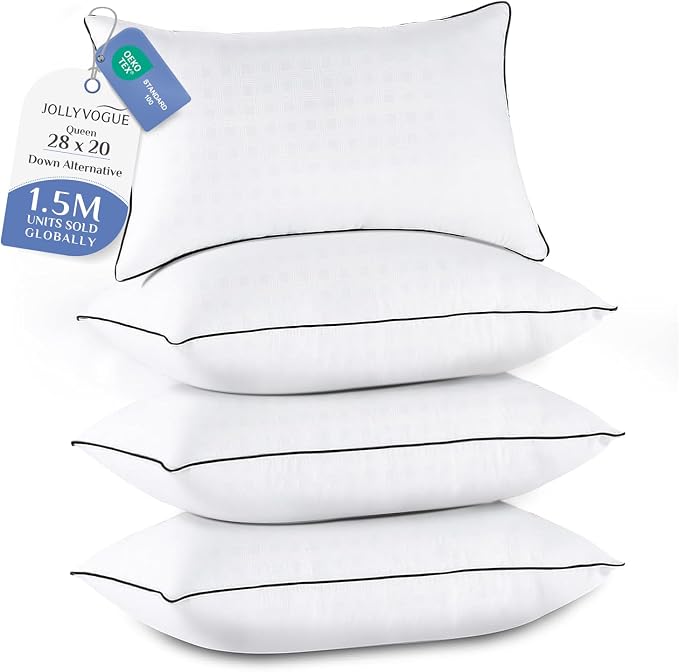 JOLLYVOGUE Pillows Queen Size Set of 4, Collection Bed Pillows for Sleeping, Hotel Quality Pillows for Side, Back and Stomach Sleepers, Soft and Supportive Oeko-Tex Certified Down Alternative Filling