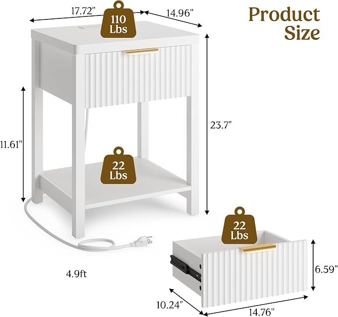 Night Stand Set 1, Fluted Wood Bedside Table w/Socket Station for Bedroom | White, Storage Drawer, Open Shelf, Metal Silent Rails, Round Corners, Modern Fluted Panel, Living Room, Bedside Table