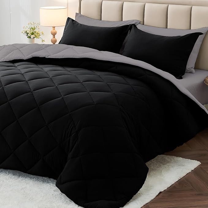 5 Pieces Twin Comforter Set, Reversible Bed in a Bag Twin Size, All Season Bedding Set with Comforter, Flat Sheet, Fitted Sheet, Pillowcases & Shams, Black & Soot