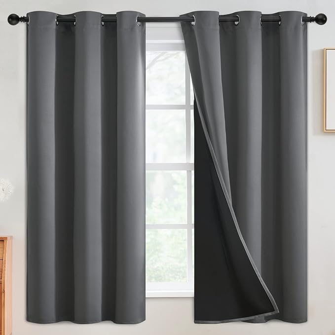 SimpleHome Grey 100% Blackout Curtains Room Darkening Living Room 63 Inch | Curtains for Bedroom,Thermal Insulated Grommet Window Drapes,Curtains for Living Room with Black Back,42 x 63 Inch,2 Panels