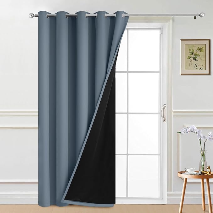 Yakamok Stone Blue Blackout Patio Door Curtain Panels W70 x L84,1 Panel | Noise Reducing Barrier Panel for Sliding Glass Door, 2 Thick Layers Heat Full Light Blocking Patio Door Drapery