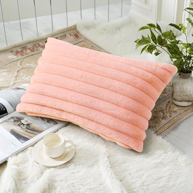 decorUhome Fall Faux Fur Throw Pillow Covers 12x20 Set of 2 Blush Pink | Decorative Soft Cozy Striped Plush Modern Farmhouse Boho Couch Pillow Cases Velvet Back for Sofa Bed Living Room Home Decor
