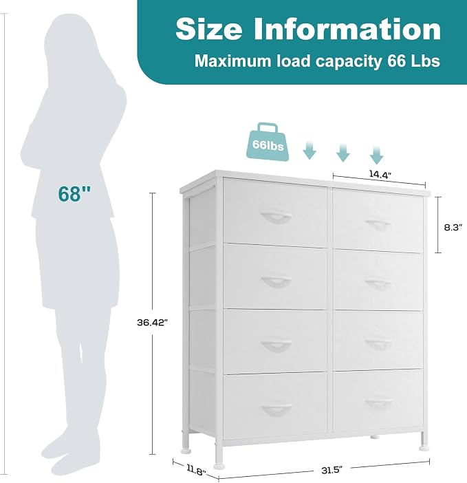 OLIXIS 8 Drawer Storage Dresser for Bedroom, White Closet Organizers Units | Fabric Dresser with Wooden Top, Chest of Drawers Clothes Storage, Tower Cabinet for Living Room, TV Stand Furniture