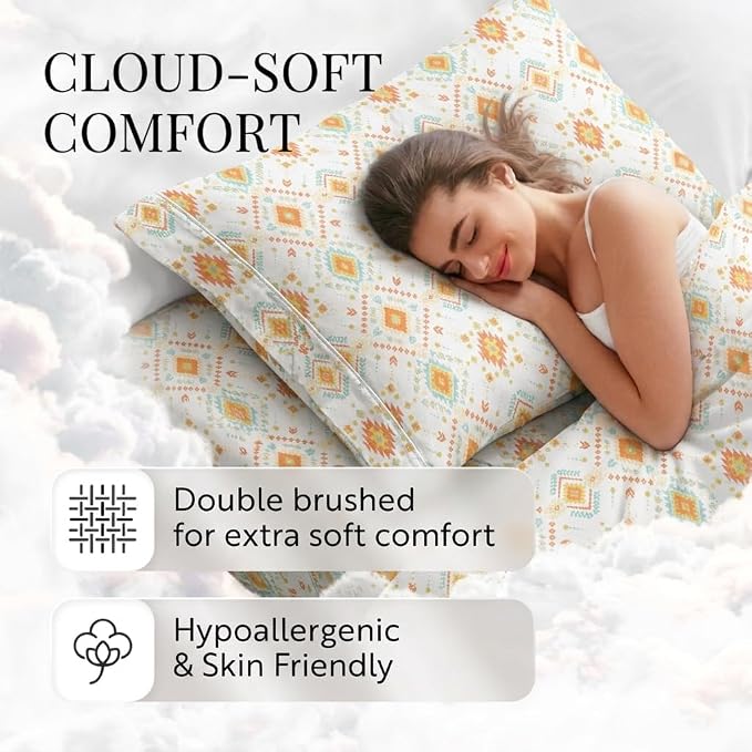 Linen Market Patterned Microfiber King Sheet Set 4 Piece – Oeko-TEX Certified Ultra Soft & Wrinkle-Free - 16" Deep Pocket Sheets - Easy Care King Size - Aztec Dreams Coral