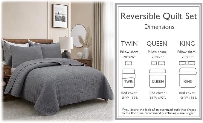 Cozy Line Home Fashions 100% Cotton Quilt Set – 3-Piece Charcoal Gray Solid Classic Modern Geometric Quilted Bedspread with Shams, Lightweight All Season Modern Bedding (Box Gray, Queen)