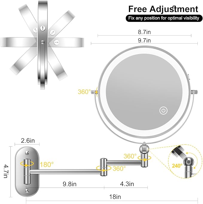 9" Wall Mounted Lighted Makeup Mirror,4000mAh Rechargeable Double Sided 1X/10X Magnifying Mirror with Light,3 Color Lights,Touch Dimmable,Extended Arm 360 Rotation Wall Mounted Makeup Mirror