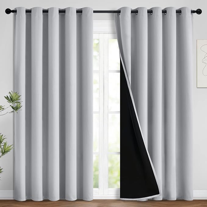 Yakamok Light Grey 100% Blackout Curtains 96 Inches Long 62" Wide 2 Panel | Blackout Curtain Panels for Bedroom, 2 Thick Layers Grommet Top Thermal Insulated Drapes with Black Liner for Living Room