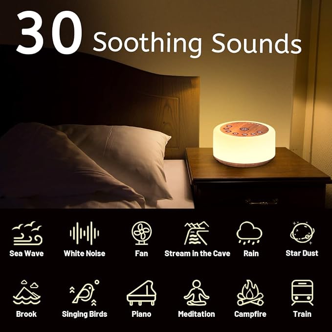 Soother Sleep Sound Machine Night Light White Noise Machine with 30 Soothing Sounds & 12 Color Night Lights for Baby Kids Adults Brown Noise Machine with Timer & Continuous Play for Home Travel Office