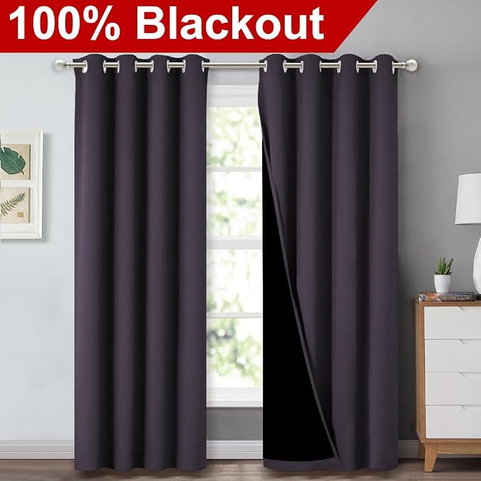 NICETOWN Greyish Purple Blackout Curtains for Baby Room 52" x 84" 2 Panels | 100% Room Darkening Energy Smart Noise Blocking Drapes for Guest Room Bedroom, Thermal Insulated Lined Window Dressing Decor