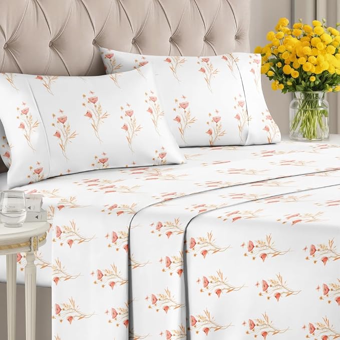 King 4 Piece Floral Sheet Set - Soft, Breathable & Cooling - Wildflower | 1 Flat, 1 Fitted & 2 Pillowcases w/ Deep Pockets, Boho Botanical Floral Bedding, Breathable & Cooling, Wrinkle & Fade Free