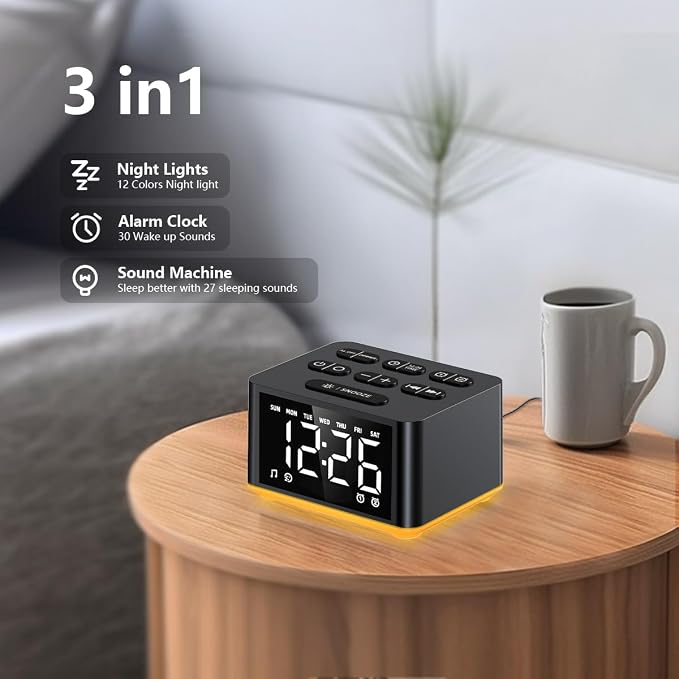 3-in-1 Sound Machine White Noise Machine Dual Alarms 12 Color Night Lights 30 Soothing Sounds 15 Wake Up Sounds 32 Volume for Baby Adults Kids Sleep Timer Memory Function Backup Battery Alarm Clock
