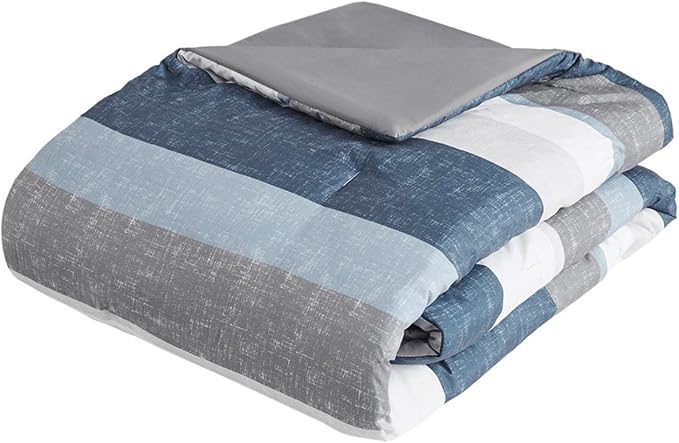 Madison Park Essentials Jaxon Full Size Comforter Set, Bed in A Bag Comforter & Sheet Set, Modern Casual Stripes Print, All Seasons, Soft Microfiber Bedding Makeover, Sham, Full, Blue/Grey 7 Piece