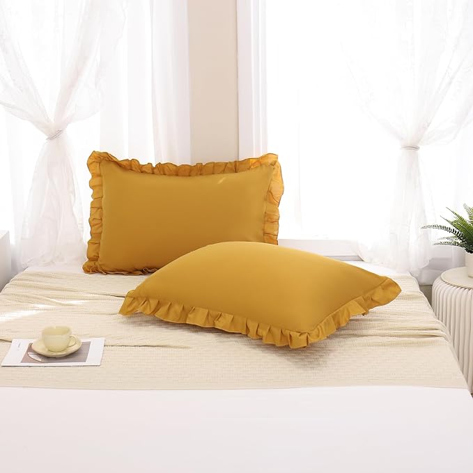 Merryword Mustard Yellow Pillowcases QueenPillowcases Set of 2 Ruffle Pillow Shams Cute Pillow Covers Solid Ruffled Fringe Design Yellow Shabby Chic Pillowcases 2 Pack