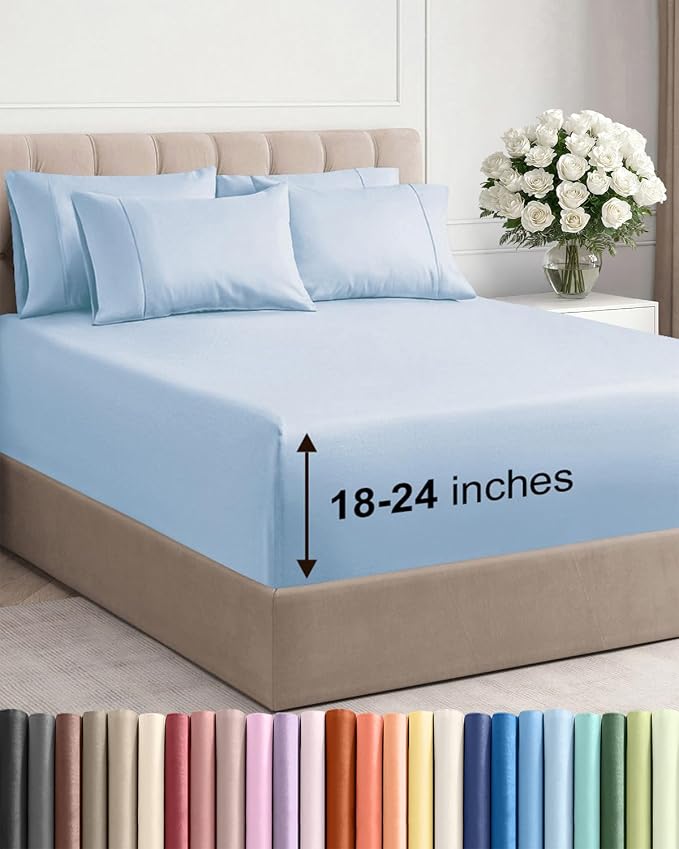 Extra Deep Full Sheet Set - 6 Piece Breathable & Cooling Sheets - Sky Blue | Hotel Luxury Bed Sheets Set, Easy & Secure Fit, Ultra-Soft, Wrinkle & Fade Free, Comfy Sheets Set with Extra Deep Pockets