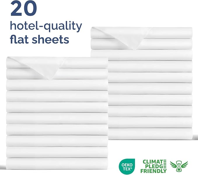 Bulk Case Pack of 20 Flat Sheets - Full Size Flat Sheets - White | Wholesale Bulk Flat Sheets for Hotels, Spas & Airbnbs, Soft, Cooling & Breathable, Wrinkle Free, Fade & Shrink Resistant