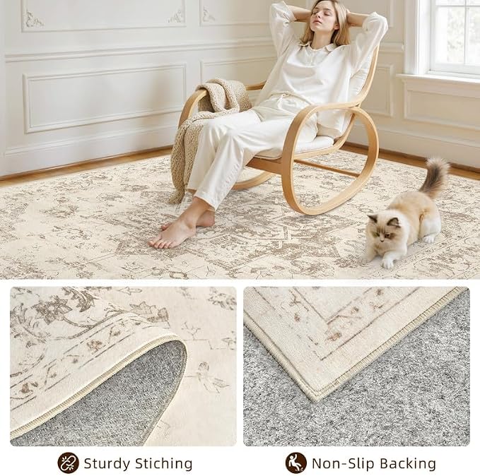 3x5 Area Rugs Living Room: Bedroom Washable Carpet Beige/Ivory | Vintage Boho Soft Small Indoor Decor Floor Non-Slip Low Pile Neutral Farmhouse Entryway Laundry Bathroom Bedroom Beside Rugs