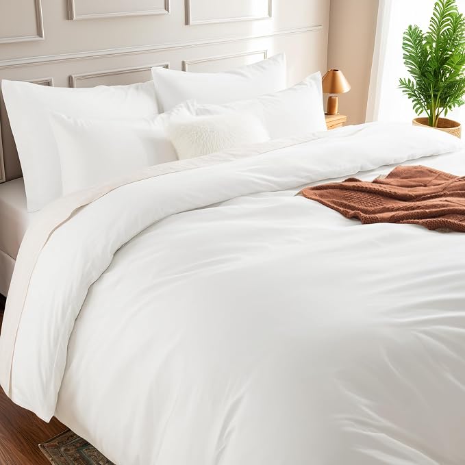 NEXHOME PRO Duvet Cover Set 100% Washed Cotton Full Size Linen Feel Textured Organic Natural 3 Pieces Bedding Set with Zipper Closure and Corner Ties, Breathable and Soft (White, No Comforter)