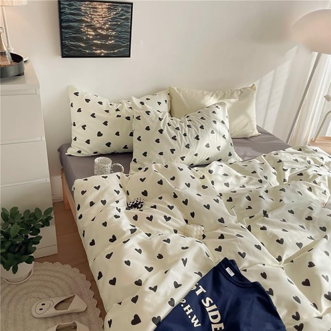 Nayoroom Black and White Heart Duvet Cover Full Size Black Hearts Printed on White Bedding Set 3 Pcs Cute Kawaii Soft Breathable Microfiber Comforter Cover Valentine Gifts for Kids Girls