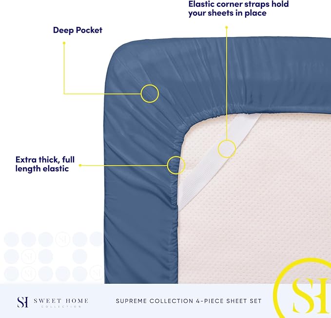 King Size Sheets - Breathable Luxury Bed Sheets with Full Elastic & Secure Corner Straps Built In - 1800 Supreme Collection Extra Soft Deep Pocket Bedding Set, Sheet Set, King, Denim