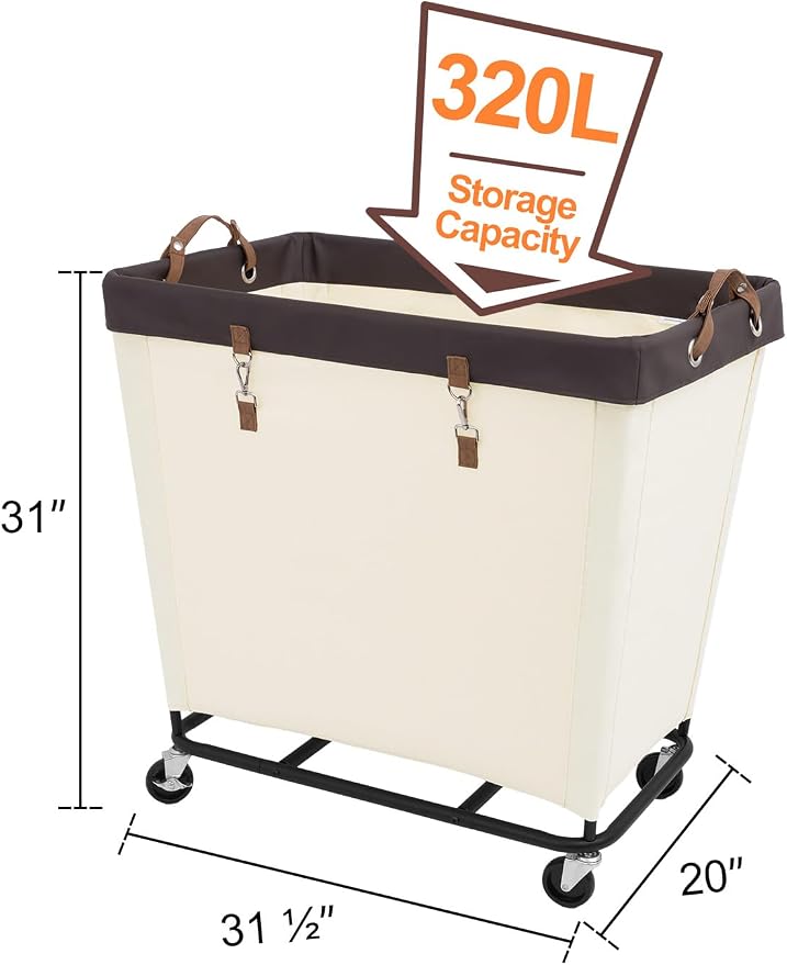 StorageWorks 320L Laundry Basket with Wheels, Rolling Hampers for Clothing | Extra Large Beige Laundry Basket with Wheels, Metal Frame & Handles, Hamper for Bedroom, Bathroom, Hotel