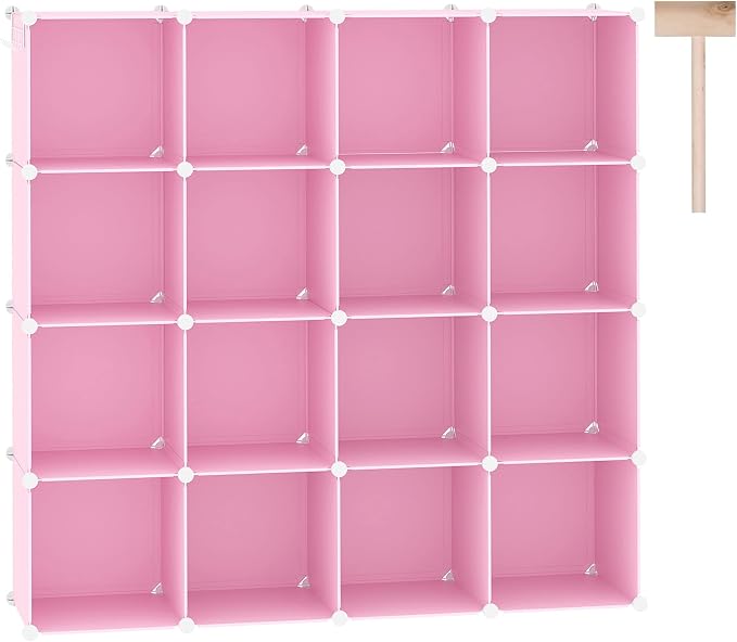 C&AHOME 16 Cube Storage Organizer Cube Shelves Units Storage Cubes, Pink | Plastic DIY Closet Organizer, Stackble Modular Closet Storage Shelves Ideal for Home, Bedroom, 48.4" L × 12.4" W × 48.4" H