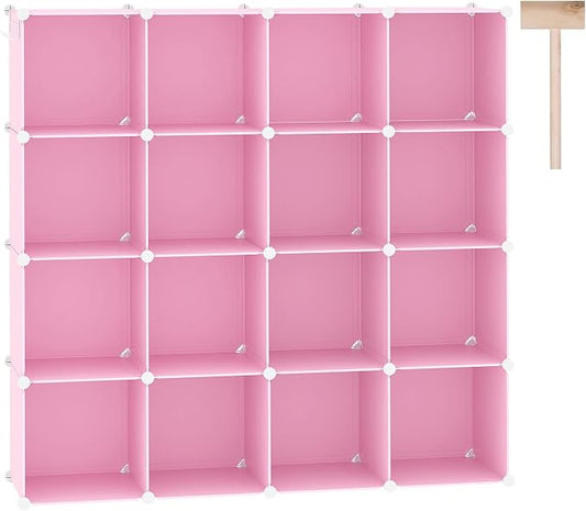 C&AHOME 16 Cube Storage Organizer Cube Shelves Units Storage Cubes, Pink | Plastic DIY Closet Organizer, Stackble Modular Closet Storage Shelves Ideal for Home, Bedroom, 48.4" L × 12.4" W × 48.4" H