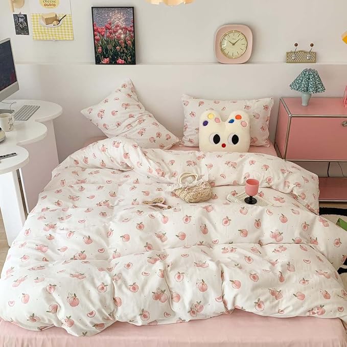 Nayoroom Pink Peach Duvet Cover Twin Size Kawaii Fruit Peaches Rabbit Printed on White Comforter Cover 2Pcs Kids Girls Soft Breathable Microfiber Cute Cartoon Bedding Set with Zipper Closure