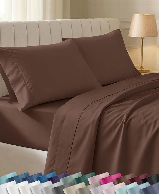 California Design Den Soft 100% Cotton Sateen Queen Size Sheets, 4 Pcs Set | 400 Thread Count Backed by Good Housekeeping Seal, 16" Deep Pocket, All-Around Elastic, Durable - Espresso Chocolate Brown